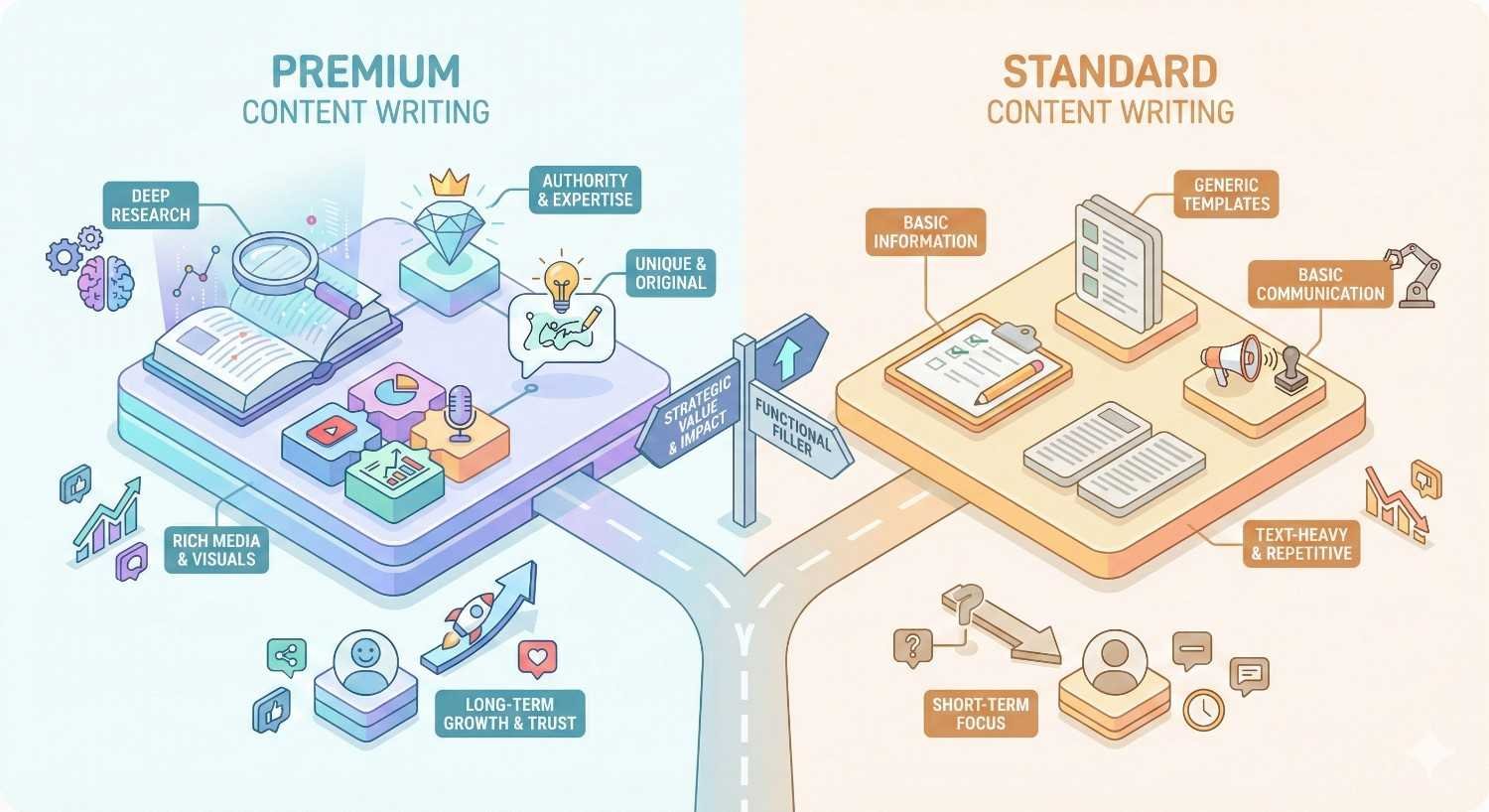 Split infographic comparing premium and standard content writing: premium highlights deep research, originality, authority, visuals, and long-term growth, while standard shows basic information, templates, repetitive text, simple communication, and short-term focus, connected by a forked road graphic.