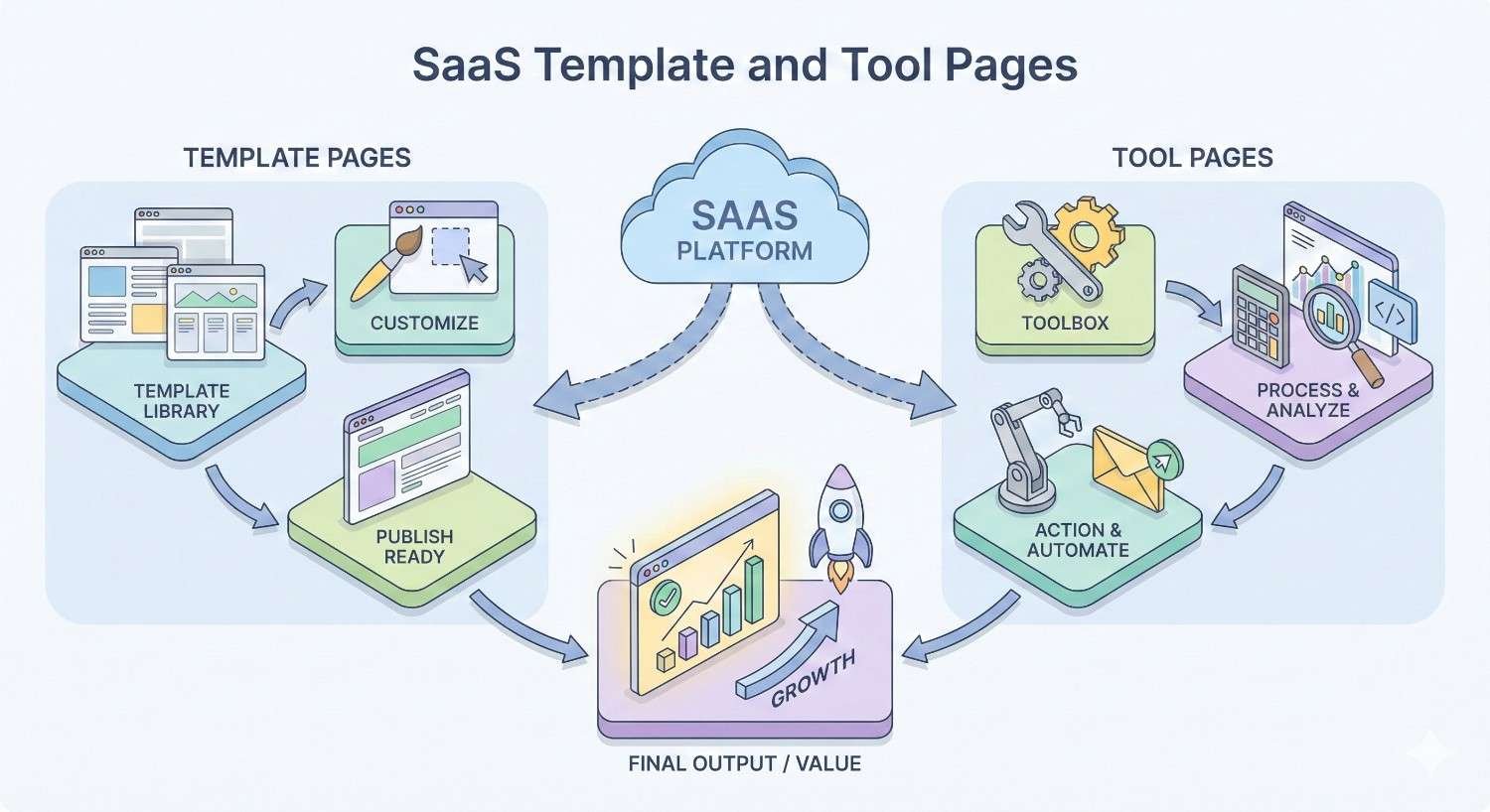 Isometric illustration of SaaS template and tool pages. Template pages show a library, customization, and publish-ready flow. Tool pages display toolbox, analysis, and automation features. Both connect to a central SaaS platform, leading to measurable growth, value creation, and improved business outcomes
