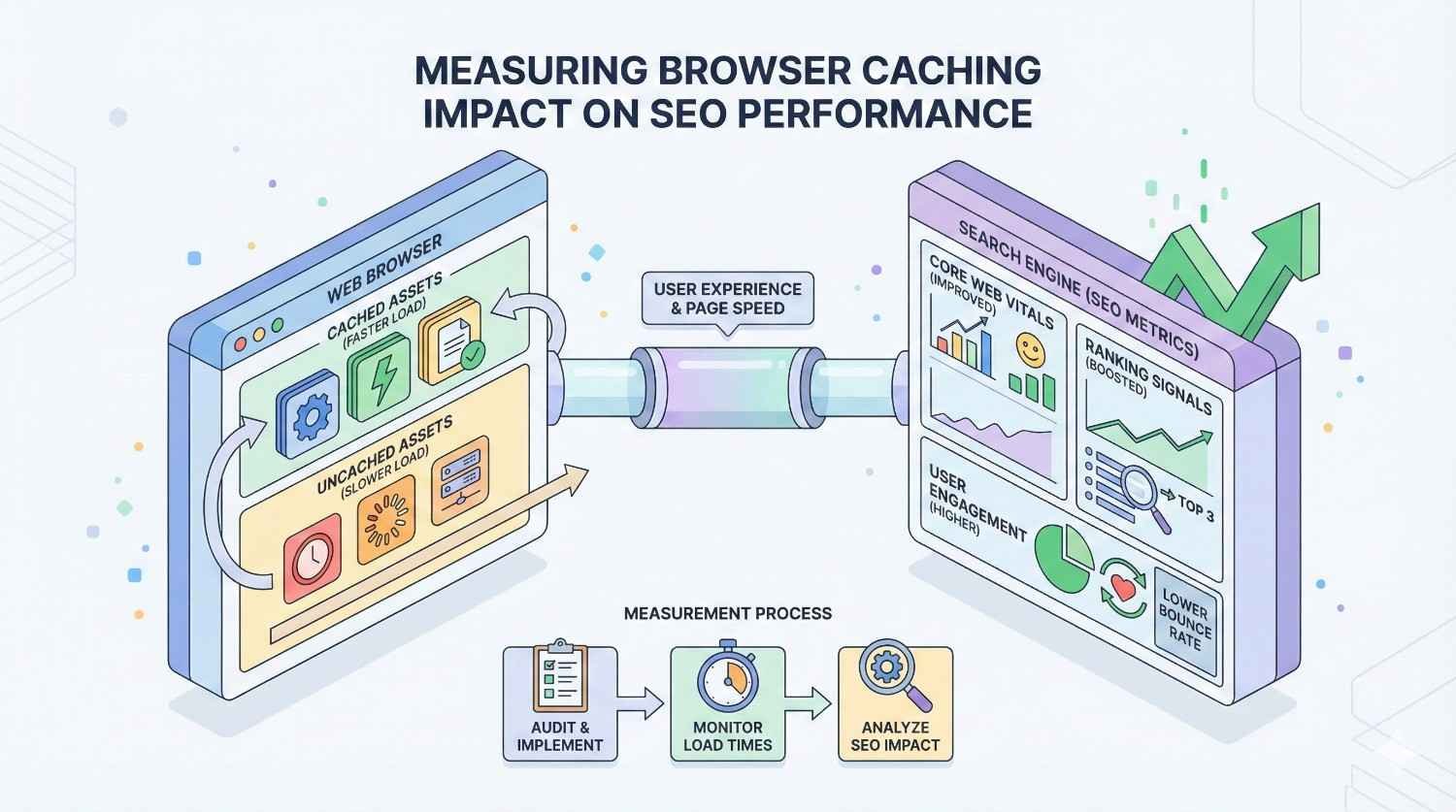Infographic titled “Measuring Browser Caching Impact on SEO Performance.” Shows cached vs uncached assets in a web browser affecting page speed and user experience, linked to search engine metrics like Core Web Vitals, ranking signals, engagement, and lower bounce rate, with steps to audit, monitor, and analyze impact.