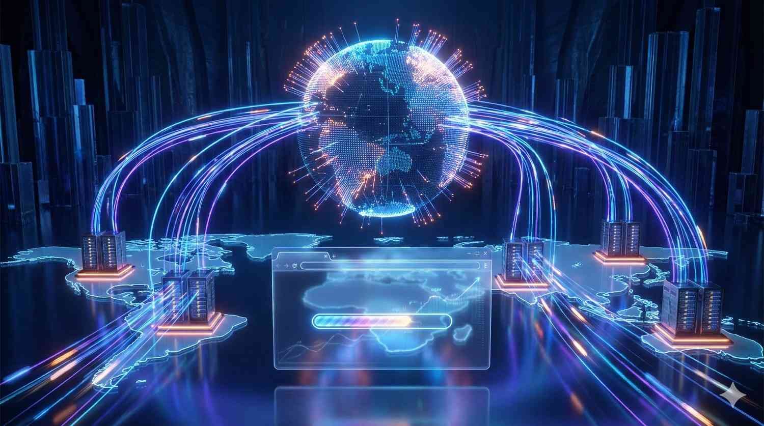 Futuristic digital illustration of a glowing globe hovering above a world map, with neon data streams connecting multiple server buildings across continents. A progress bar window appears in the foreground, symbolizing global data transfer, cloud computing, or international network infrastructure.