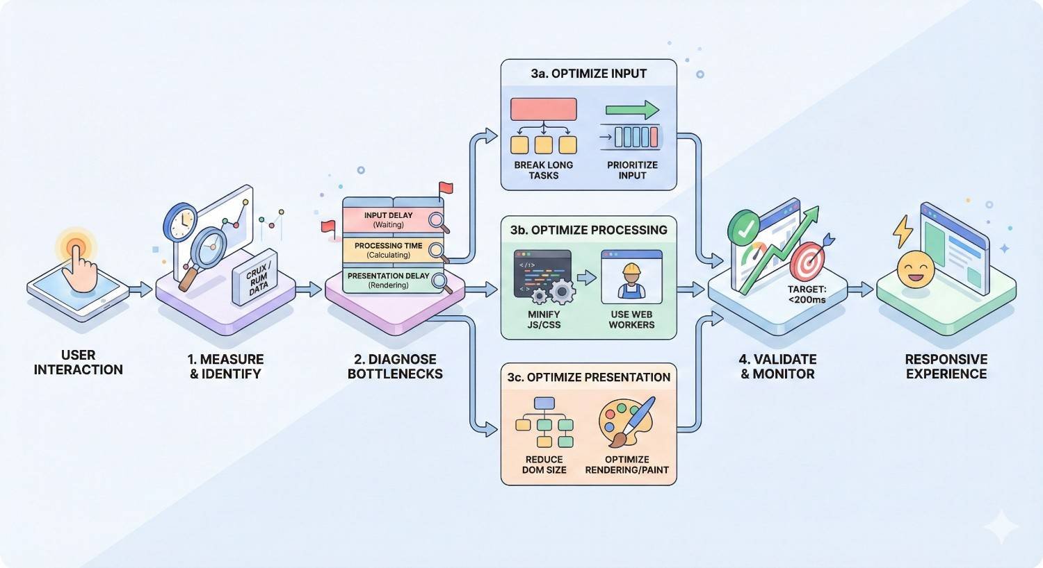 Infographic outlining performance optimization workflow: measure user interaction, diagnose bottlenecks (input, processing, presentation delays), optimize input and processing with task splitting and web workers, reduce DOM size, then validate to reach target under 200ms for responsive experience.