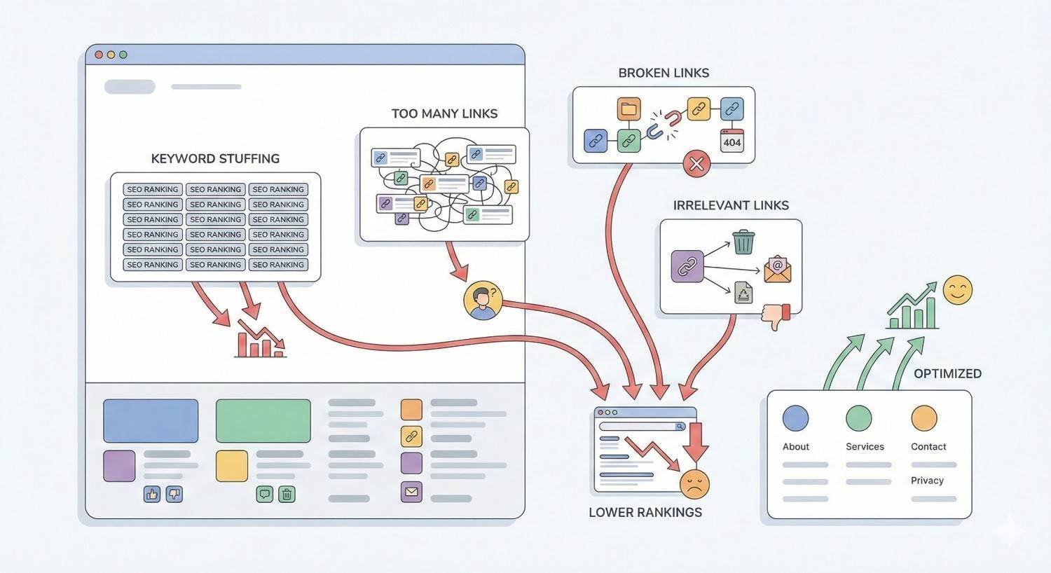 Infographic showing SEO mistakes causing lower rankings, including keyword stuffing, too many links, broken links, and irrelevant links. Red arrows point to declining performance, while an optimized page with clean navigation and relevant links shows improved rankings and positive growth.