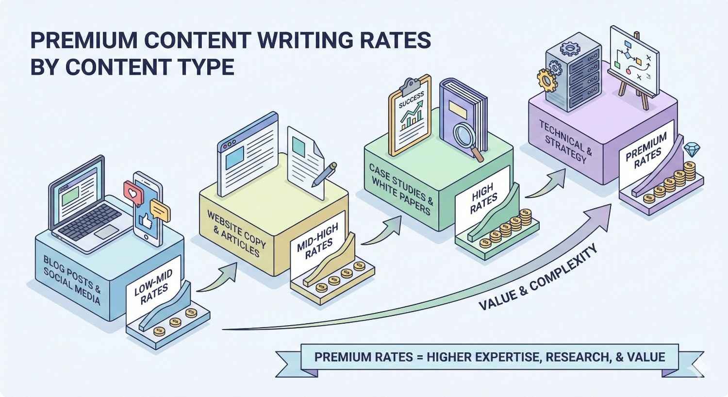 Infographic titled “Premium Content Writing Rates by Content Type” showing blog posts, website copy, case studies, and technical strategy arranged by increasing value and complexity, with arrows leading to higher premium rates and a note that expertise and research raise cost.