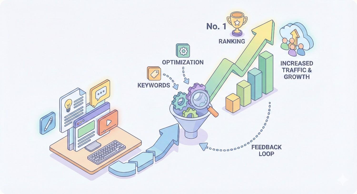 Illustration of SEO workflow where content from a computer flows into a funnel labeled keywords and optimization, producing higher rankings, rising bar charts, increased traffic and growth, a trophy icon for No. 1 ranking, and a dotted feedback loop arrow.