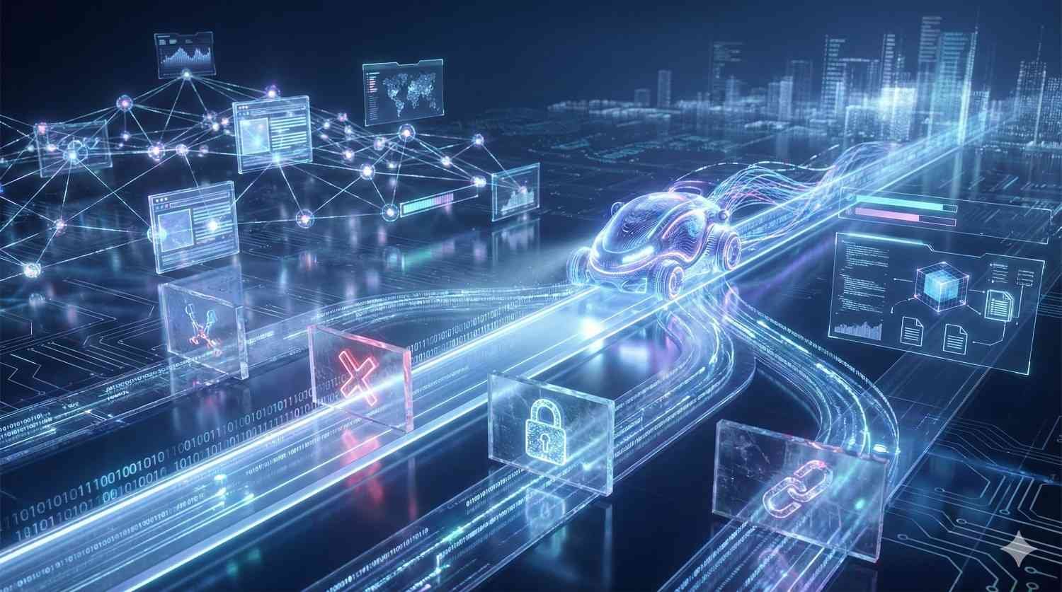 Futuristic visualization of automated web crawling and data flow, showing a glowing autonomous vehicle navigating digital pathways with connected dashboards, code panels, security icons, and error symbols, representing fast indexing, data processing, and optimization across a complex networked system.