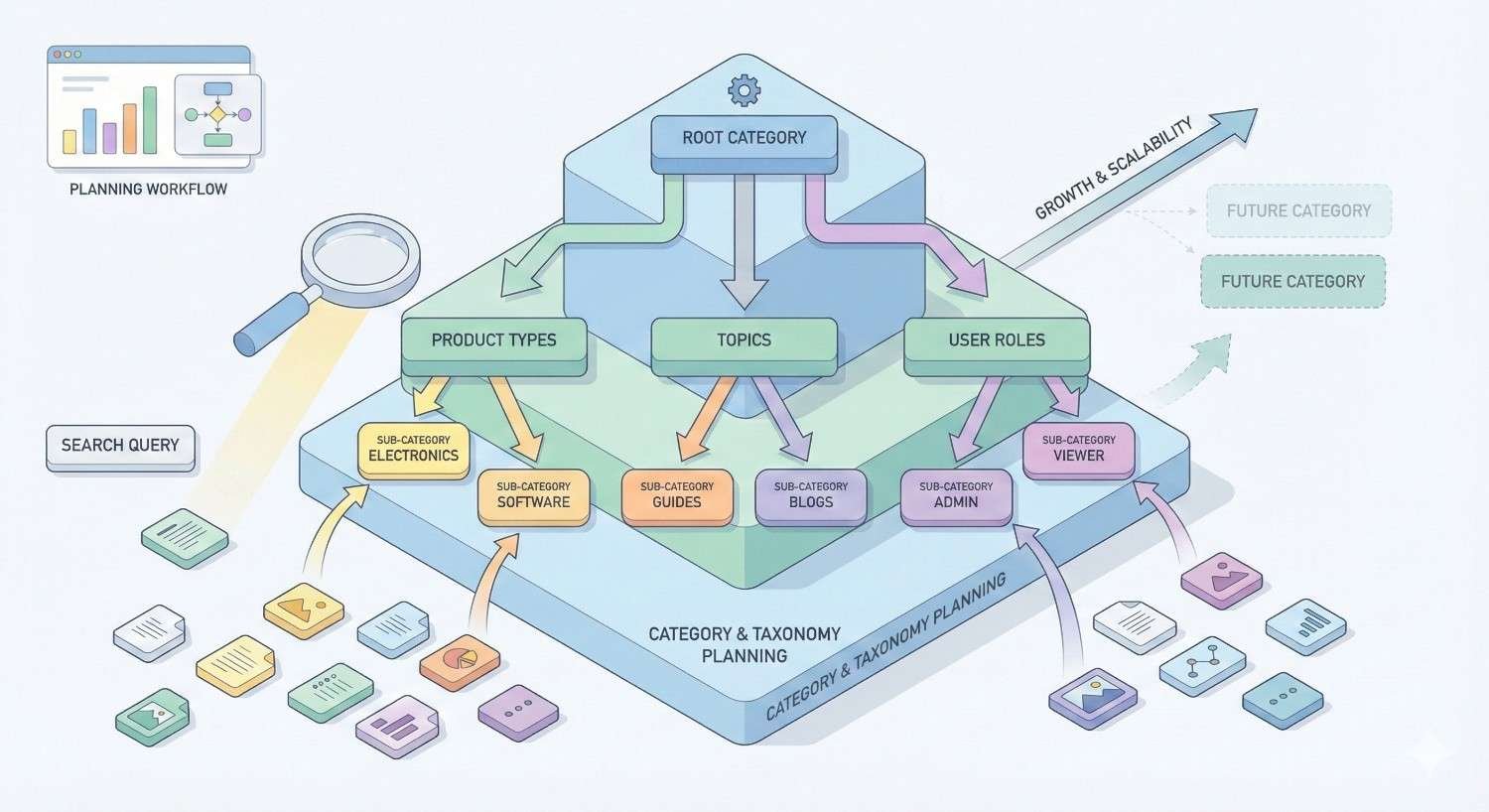 Illustration of category and taxonomy planning showing a root category branching into product types, topics, and user roles. Subcategories include electronics, software, guides, blogs, admin, and viewer. Arrows indicate search queries, planning workflow, and future category growth for scalable site structure.