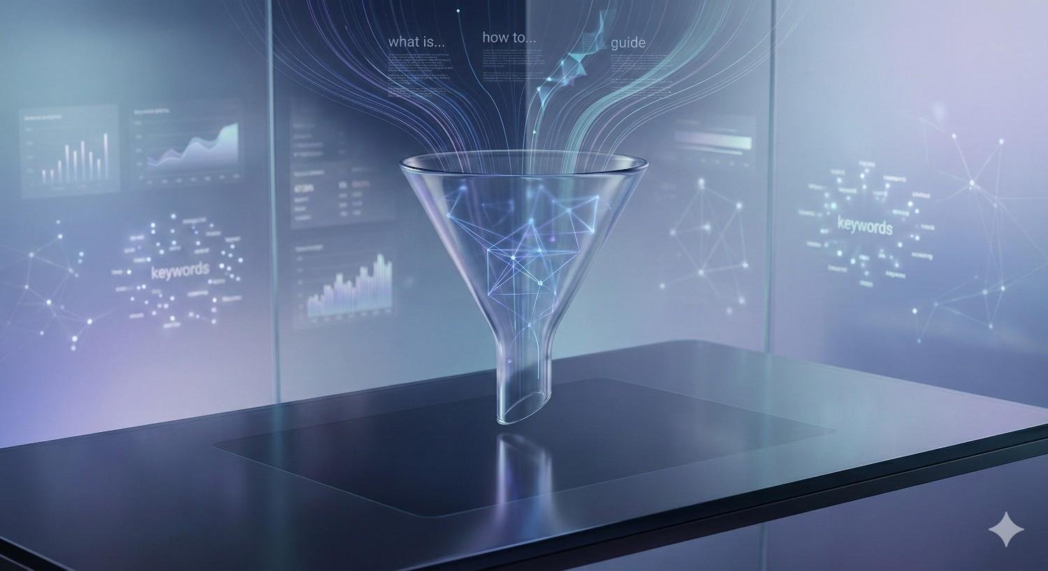 Futuristic illustration of a digital content funnel, with data streams labeled keywords, guides, and how-to queries flowing into a transparent funnel, symbolizing content strategy, keyword research, and SEO-driven information filtering that transforms search data into structured insights and growth opportunities.