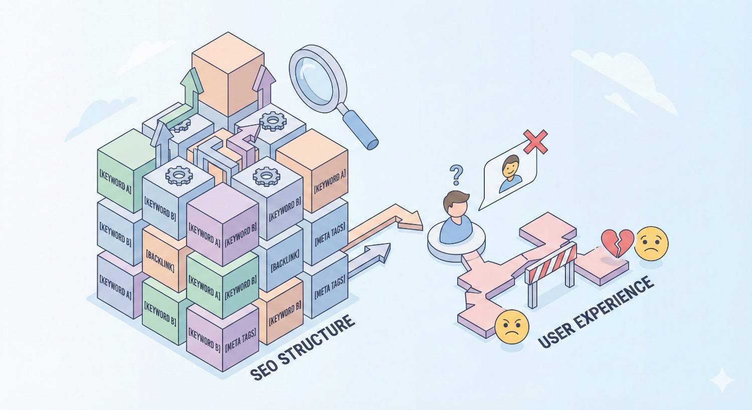 Illustration comparing SEO structure and user experience. Left side shows stacked blocks labeled keywords, backlinks, and meta tags forming a complex SEO system. Right side shows a confused user facing obstacles, broken paths, and negative emojis, highlighting poor UX despite optimized technical structure.