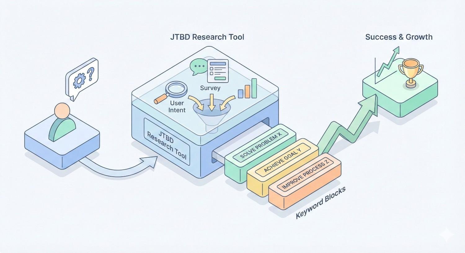 An isometric illustration of a JTBD research tool. User intent flows into surveys and analysis, producing keyword blocks focused on solving problems, achieving goals, and improving processes, which lead to measurable success and growth shown by upward arrows and a trophy icon.