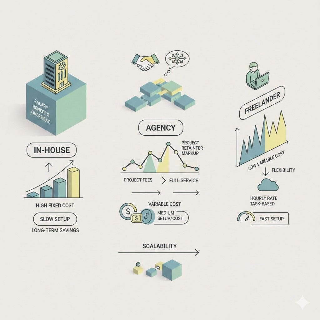 Comparison infographic of in-house teams, agencies, and freelancers. It contrasts in-house high fixed costs and slow setup, agencies with variable project or retainer fees and scalability, and freelancers offering flexible, low variable costs, hourly or task-based work, and fast setup.