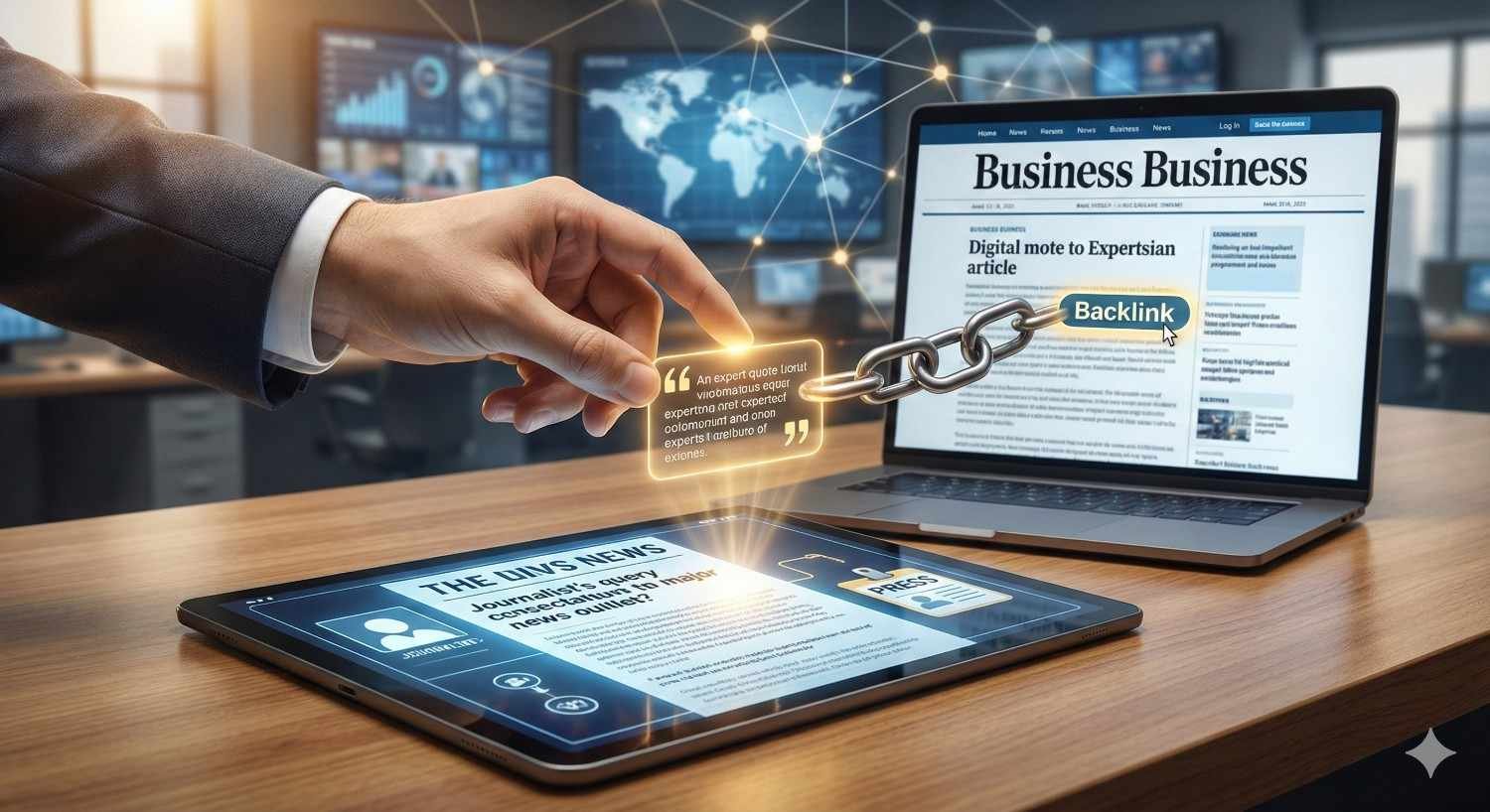 Business-themed scene showing a hand connecting a glowing quote box between a tablet news article and a laptop displaying a “Business” website. A chain labeled “Backlink” links the devices, symbolizing digital PR and SEO. Background screens display analytics and a world map network.