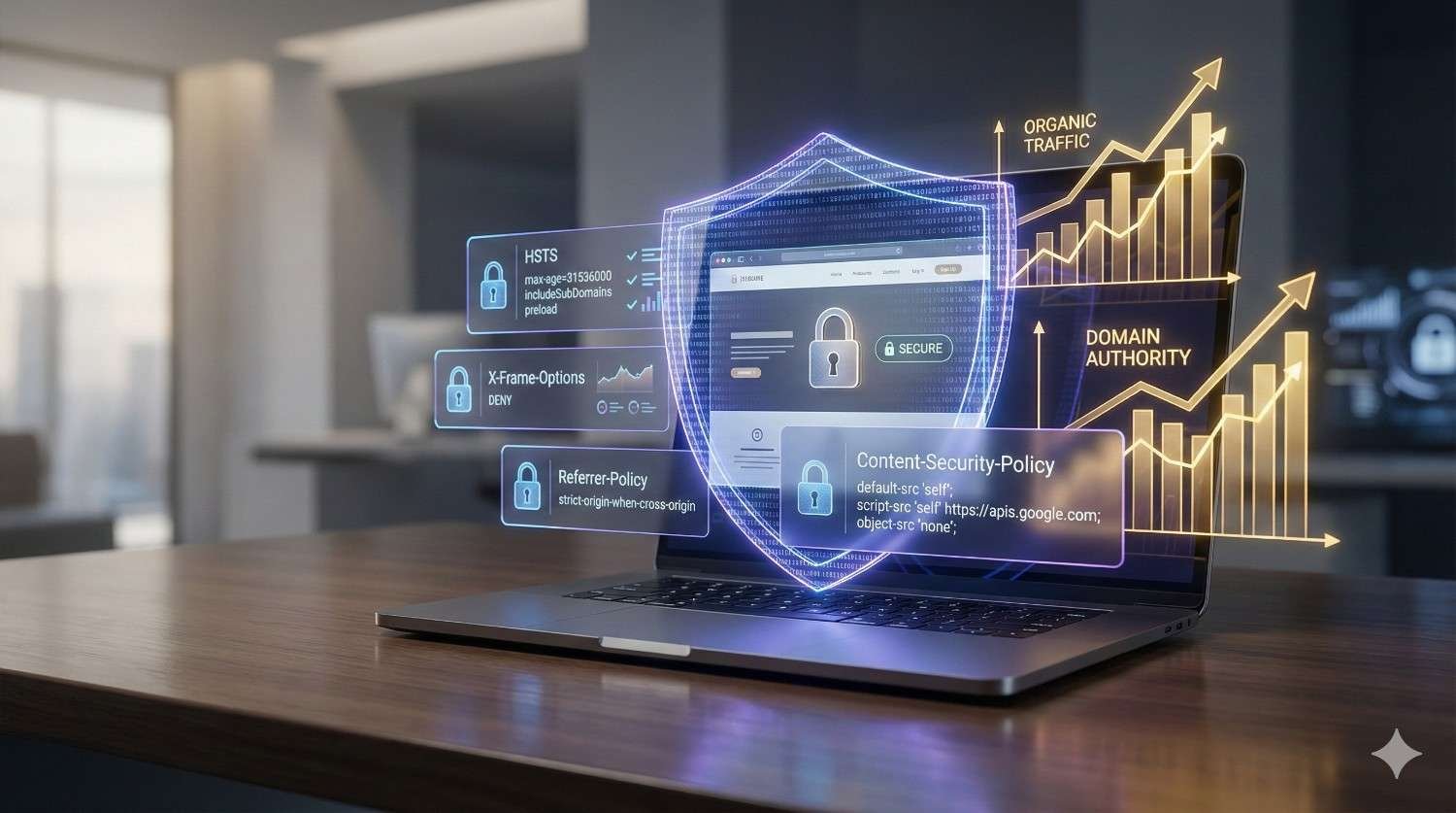 Laptop on a desk displaying a secure website interface with a glowing shield overlay. Security headers like HSTS, X-Frame-Options, Referrer-Policy, and Content-Security-Policy appear alongside rising charts for organic traffic and domain authority, symbolizing website security boosting SEO performance and growth.
