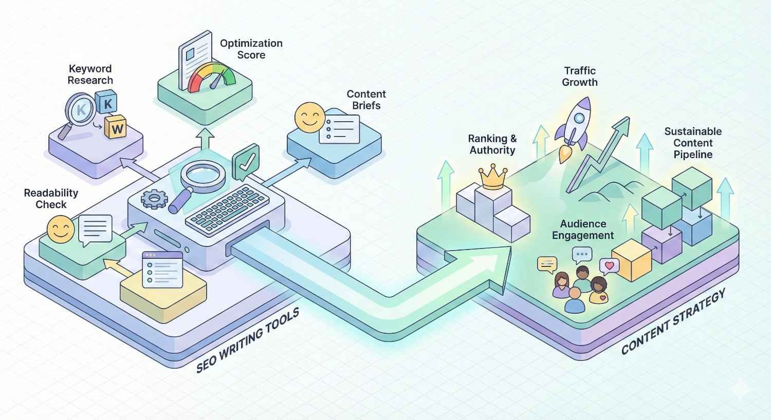 An illustrated diagram shows SEO writing tools handling keyword research, readability checks, optimization scores, and content briefs, feeding into a content strategy that drives audience engagement, ranking authority, traffic growth, and a sustainable publishing pipeline represented by charts, rockets, and upward arrows.