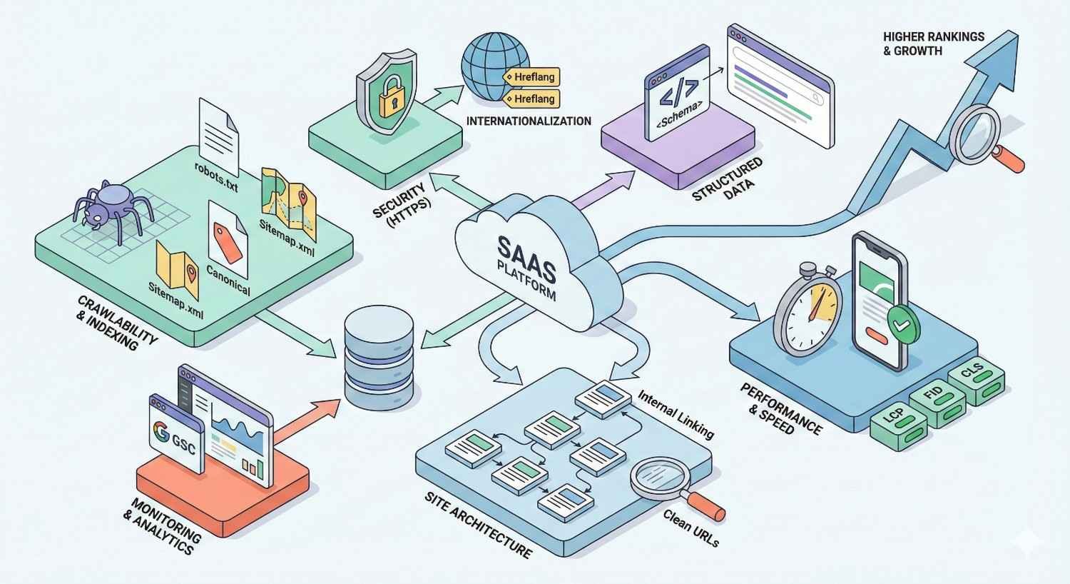 Isometric diagram of SaaS technical SEO, showing crawlability and indexing, robots.txt, sitemaps, HTTPS security, internationalization with hreflang, structured data, site architecture, clean URLs, performance optimization, monitoring, and analytics, all connected to a SaaS platform and driving higher rankings, visibility, and growth.
