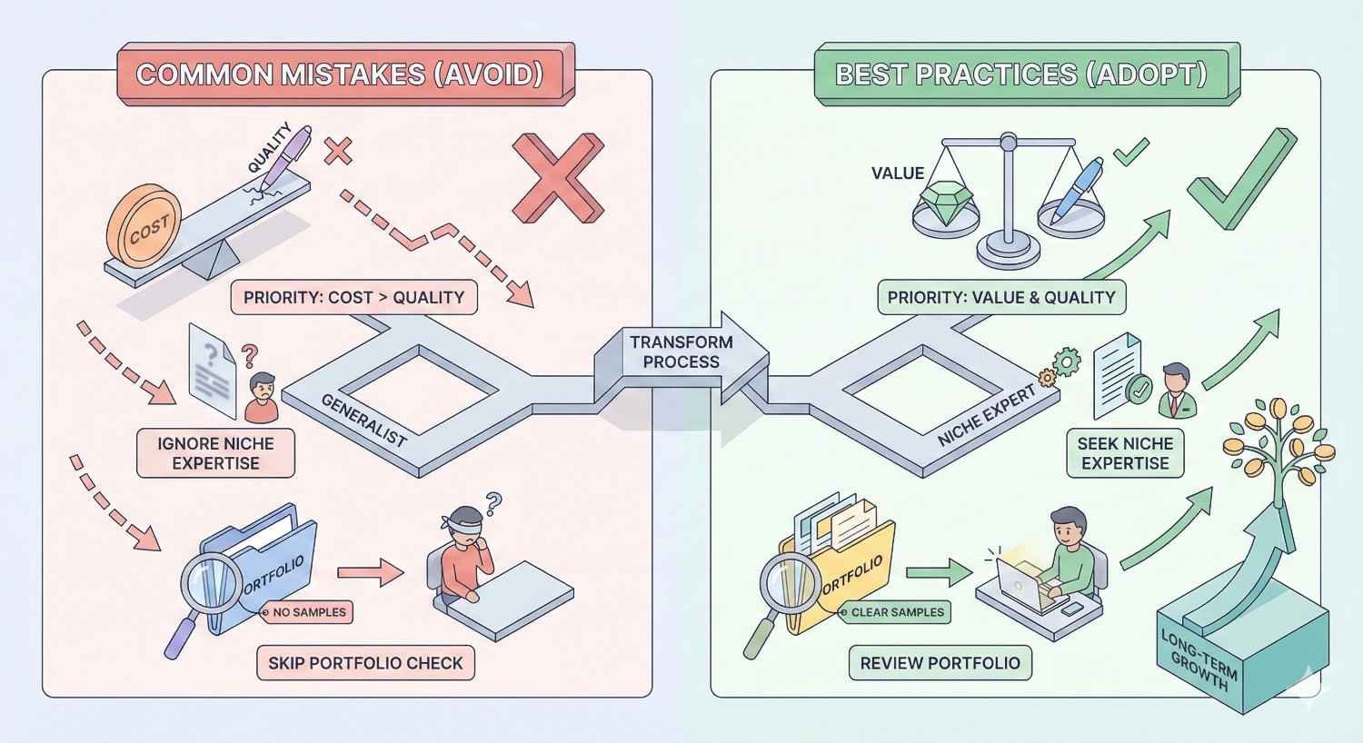 Side-by-side infographic showing common outsourcing mistakes versus best practices, including prioritizing cost over quality, ignoring niche expertise, and skipping portfolio checks, contrasted with valuing quality, seeking specialists, reviewing samples, and aiming for long-term growth, connected by a “transform process” pathway.