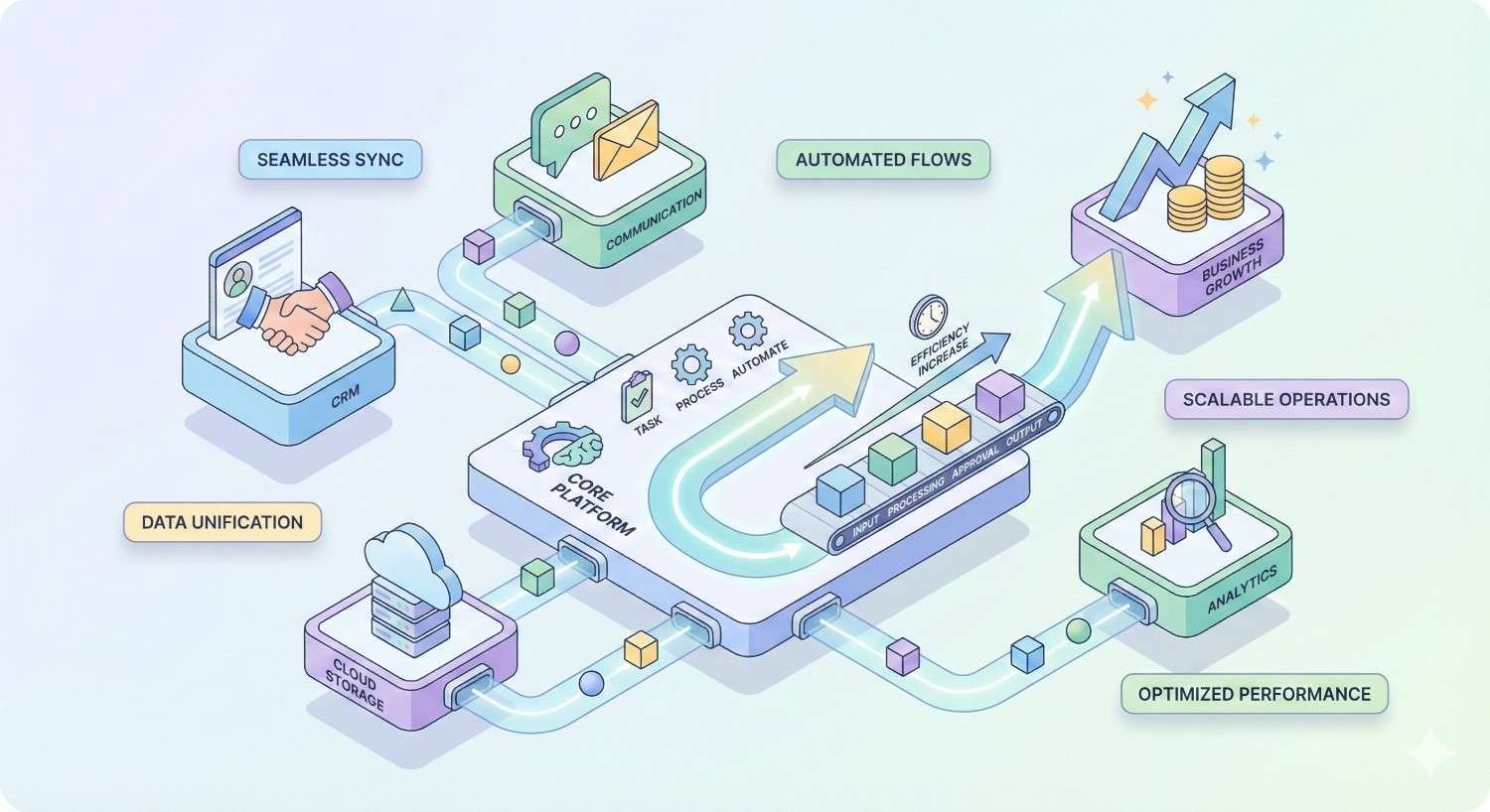 An isometric diagram shows a core automation platform syncing CRM, communication tools, cloud storage, and analytics, enabling data unification, automated workflows, scalable operations, optimized performance, and business growth through connected processes and real-time efficiency gains.