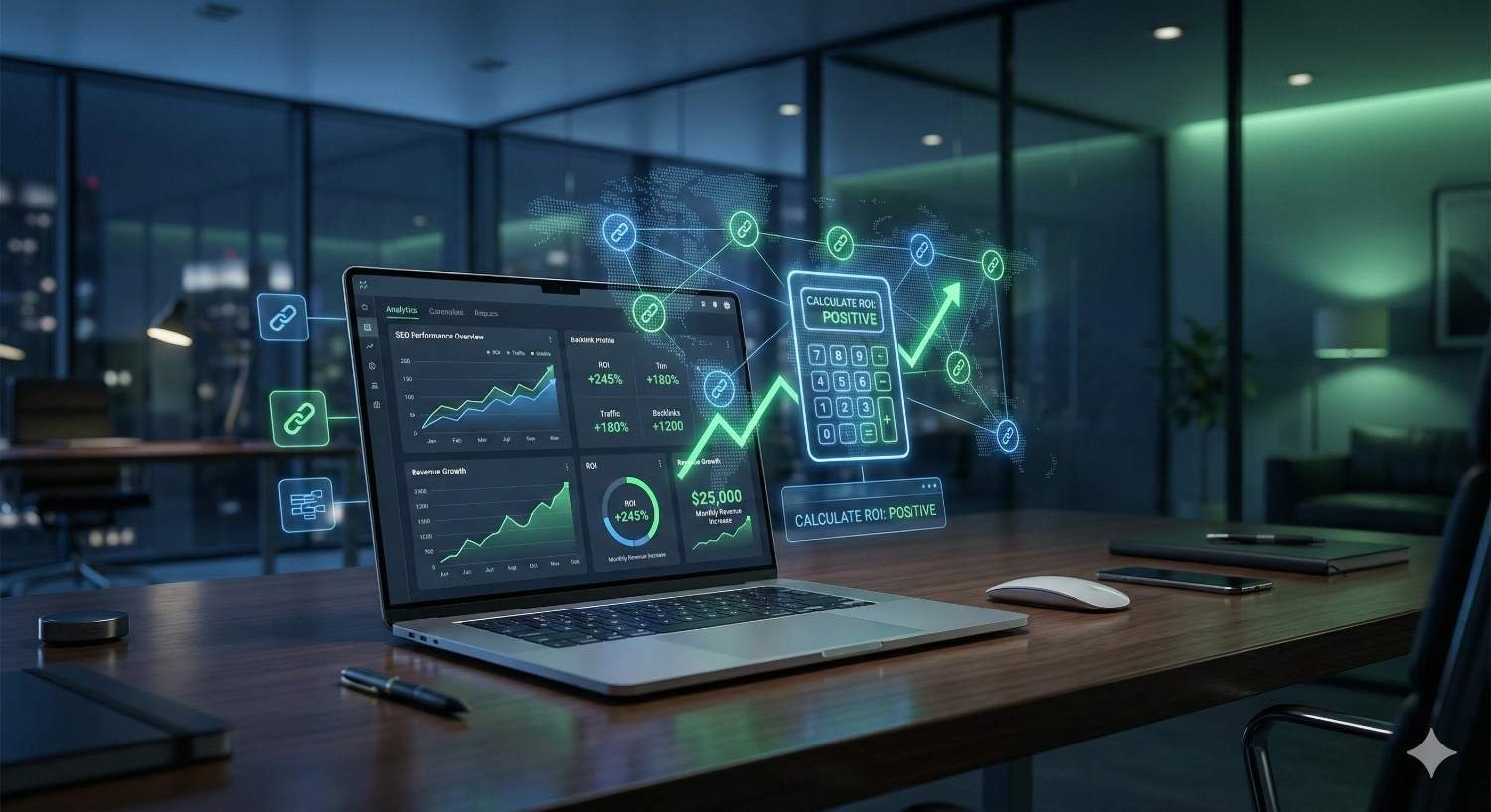 A laptop on a modern office desk displays SEO performance dashboards with rising traffic and revenue charts. Floating holographic icons of backlinks and a calculator show positive ROI, while a glowing upward arrow and network connections symbolize link-building success and business growth.