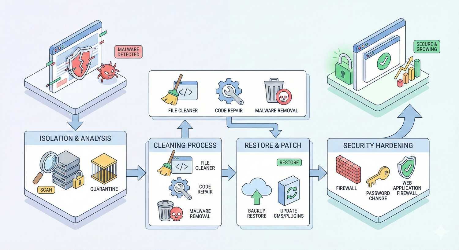 Infographic showing website malware recovery process: detection and isolation, scan and quarantine, cleaning with file repair and malware removal, restore from backup and update plugins, followed by security hardening with firewall and password changes, resulting in secure, growing website performance.