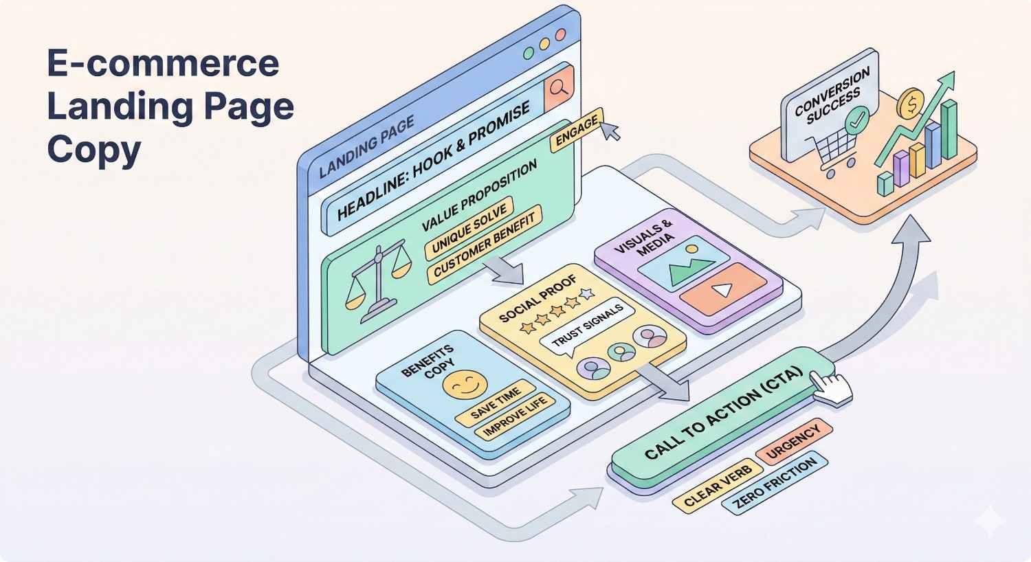 An illustrated diagram titled “E-commerce Landing Page Copy” shows headline and value proposition flowing into benefits, social proof, visuals, and a clear call to action, emphasizing trust signals, urgency, and zero friction to drive higher conversion success and sales growth.