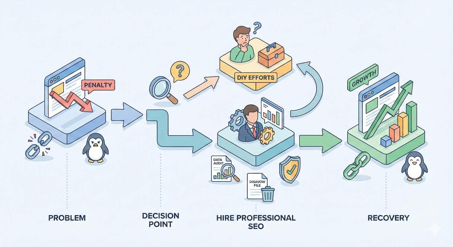 Infographic showing an SEO recovery journey: penalty problem, decision point between DIY efforts or hiring a professional, auditing and disavowing links, then achieving recovery and growth with rising charts and restored Penguin icon.