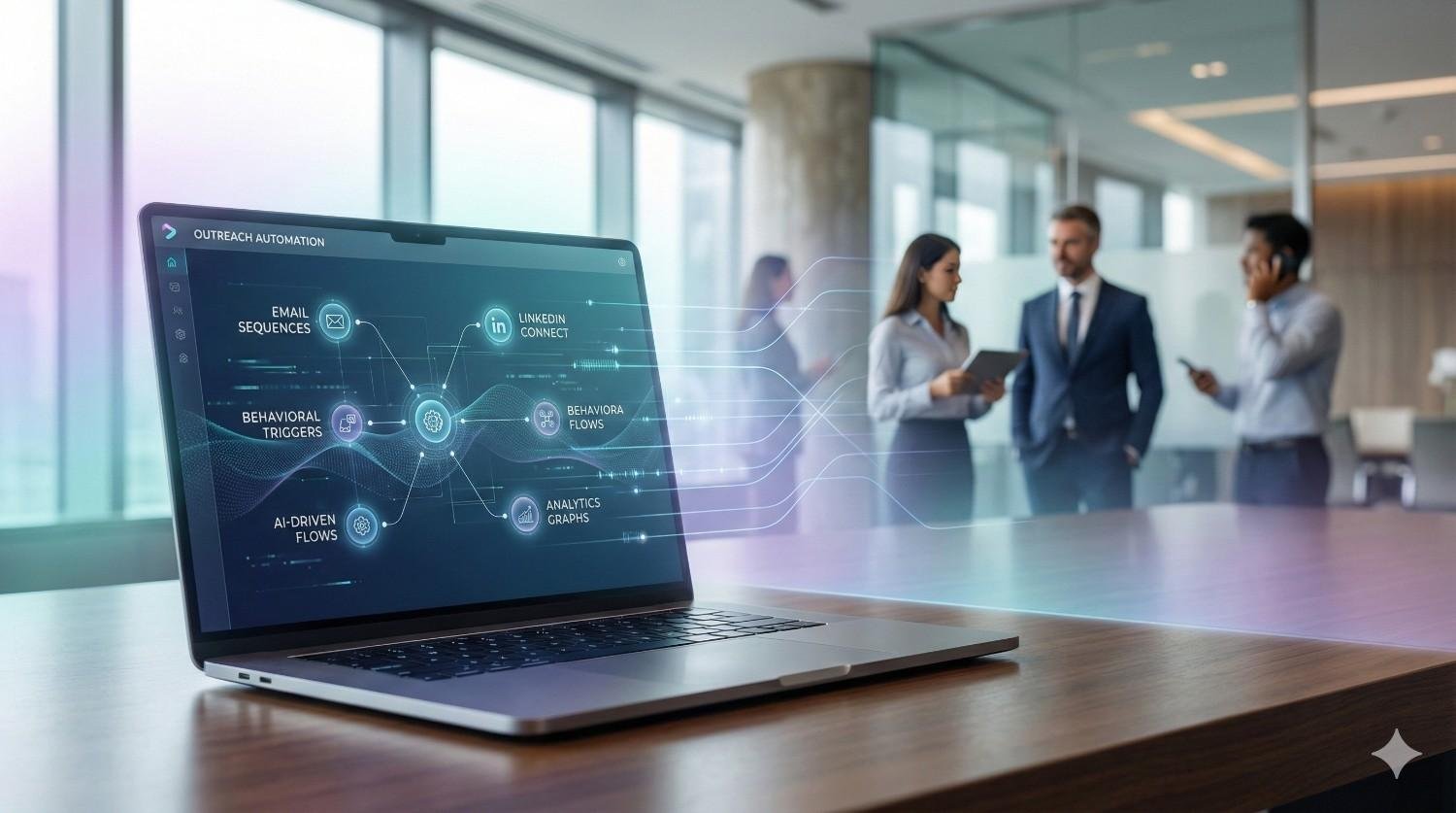 Laptop on a conference table displays an outreach automation dashboard with AI-driven flows, email sequences, LinkedIn connections, triggers, and analytics, while business professionals talk in a modern glass office background, suggesting marketing automation and team collaboration.