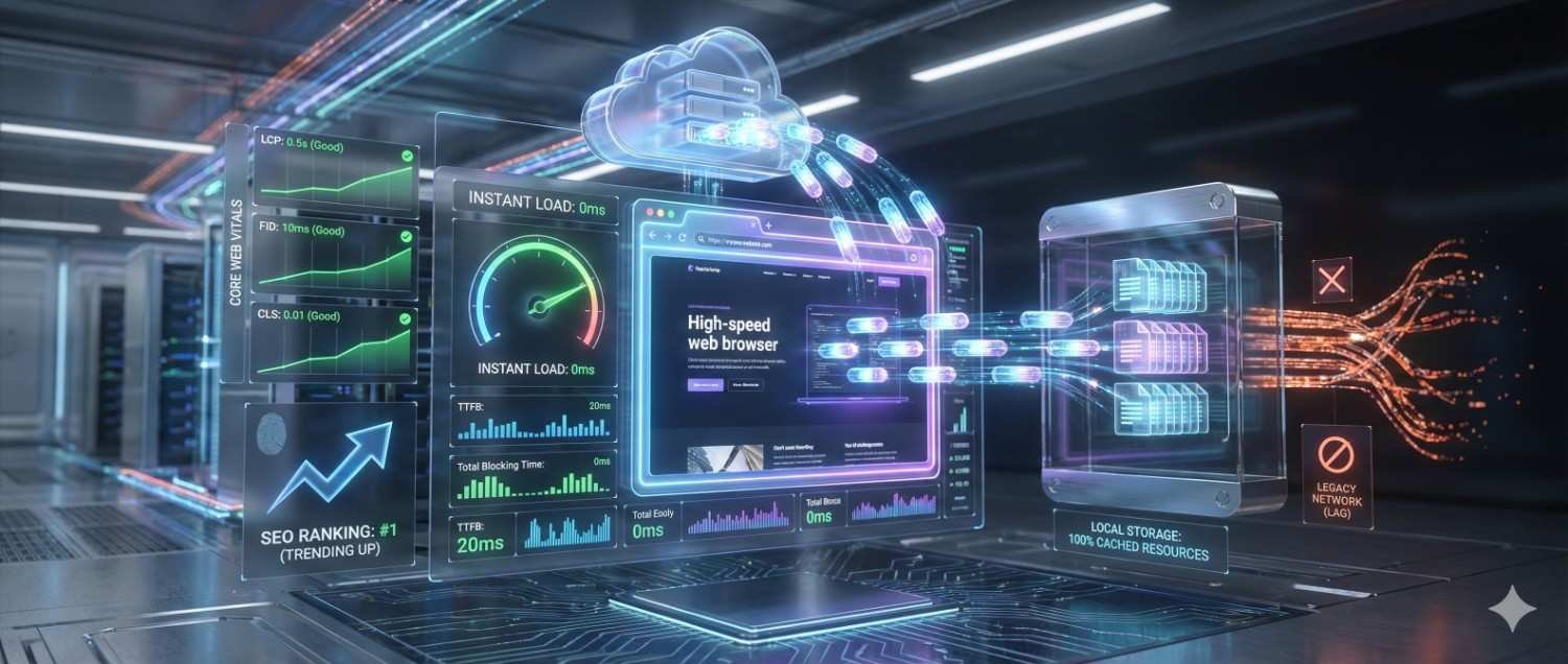 Futuristic dashboard showing website performance optimization with real-time metrics, Core Web Vitals, instant load speed, SEO ranking trends, and cached resources. A cloud and local storage servers stream data to a high-speed web browser interface, illustrating improved performance and reduced legacy network lag.