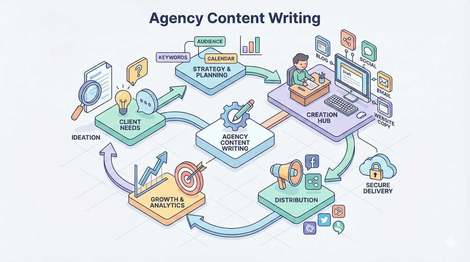 Infographic titled “Agency Content Writing” showing a workflow from ideation and client needs to strategy and planning, a central creation hub producing blog, social, email, and website copy, followed by distribution, secure delivery, and growth analytics connected by arrows.