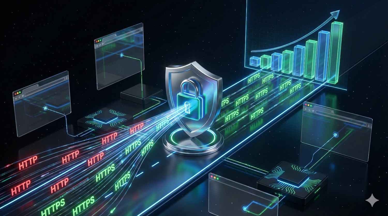 Futuristic illustration showing traffic shifting from HTTP to HTTPS through a glowing security shield with a lock. Data streams move toward a rising bar chart, symbolizing improved security, encrypted connections, stronger SEO performance, and website growth.