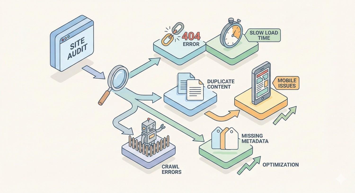 Illustration of a website audit identifying common SEO issues, including 404 errors, slow load times, duplicate content, mobile usability problems, crawl errors, and missing metadata, with optimization steps shown to improve site performance, indexing, and overall search visibility.