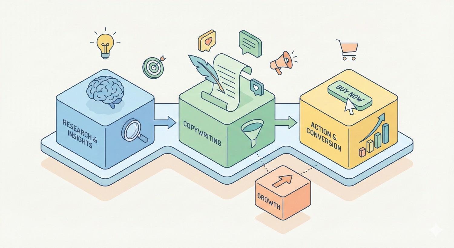 Infographic showing a copywriting funnel from research and insights to copywriting, then action and conversion, with icons for ideas, targeting, messaging, and shopping, plus arrows and charts indicating growth and improved results.