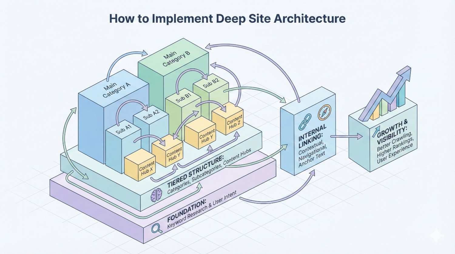 Infographic titled “How to Implement Deep Site Architecture” showing main categories, subcategories, and content hubs in a tiered structure. Arrows illustrate internal linking and navigation. Foundation includes keyword research and user intent, leading to growth, visibility, better crawling, higher rankings, and improved user experience.