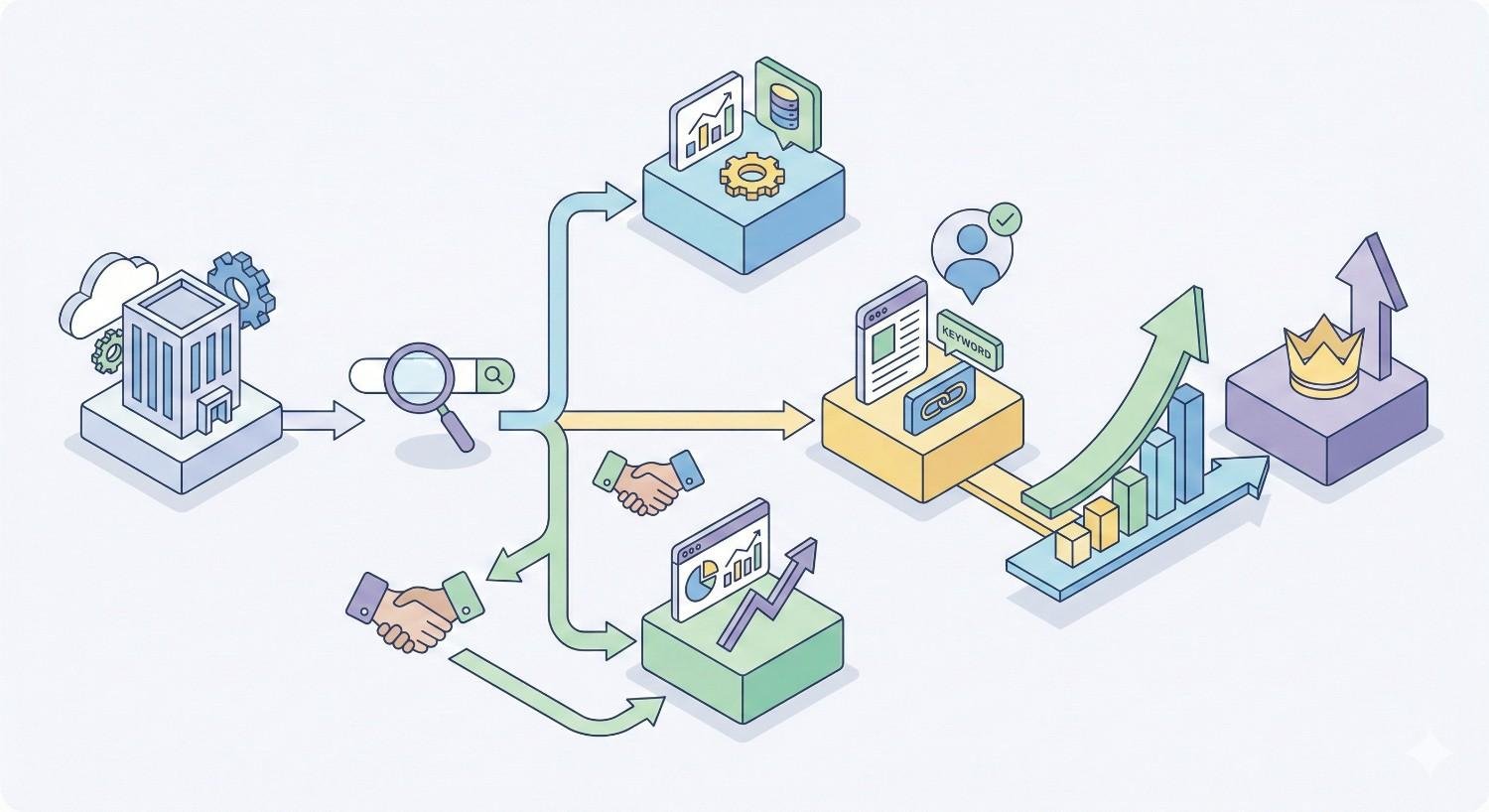 Isometric illustration depicting a data-driven SEO workflow. Search analysis, optimization, reporting, and collaboration are connected by arrows. Charts, keywords, links, and handshake icons represent strategy alignment, performance tracking, partnerships, and steady growth leading to higher rankings and improved business results.