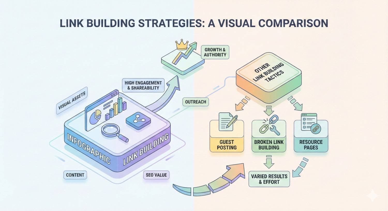 Infographic titled “Link Building Strategies: A Visual Comparison” contrasting infographic link building—high engagement, shareability, SEO value, growth and authority—with other tactics like guest posting, broken link building, and resource pages, showing varied results and effort levels.