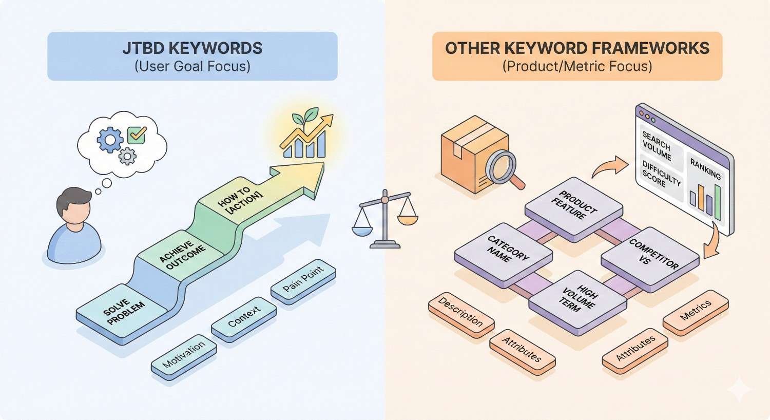 A split illustration comparing JTBD keywords with other keyword frameworks. The left shows user goal–focused searches moving from problem to outcome, while the right shows product- and metric-focused keyword models based on features, categories, competition, volume, and rankings
