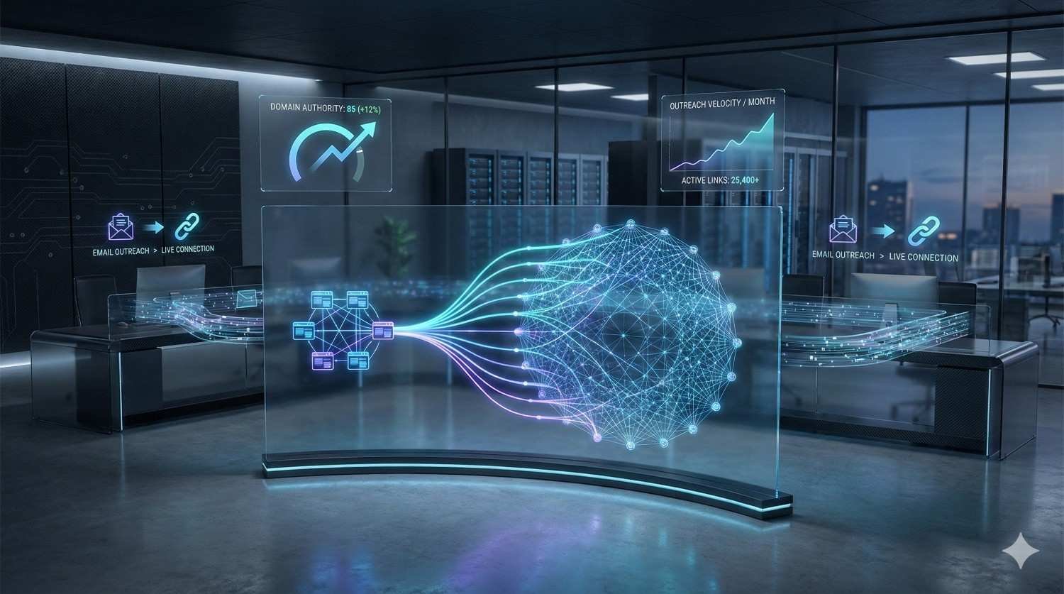 Futuristic office scene with a transparent digital wall displaying network visualizations, rising outreach velocity and domain authority charts, email-to-link connections, and glowing data flows, suggesting advanced SEO outreach automation and backlink growth monitoring in a modern analytics control room.