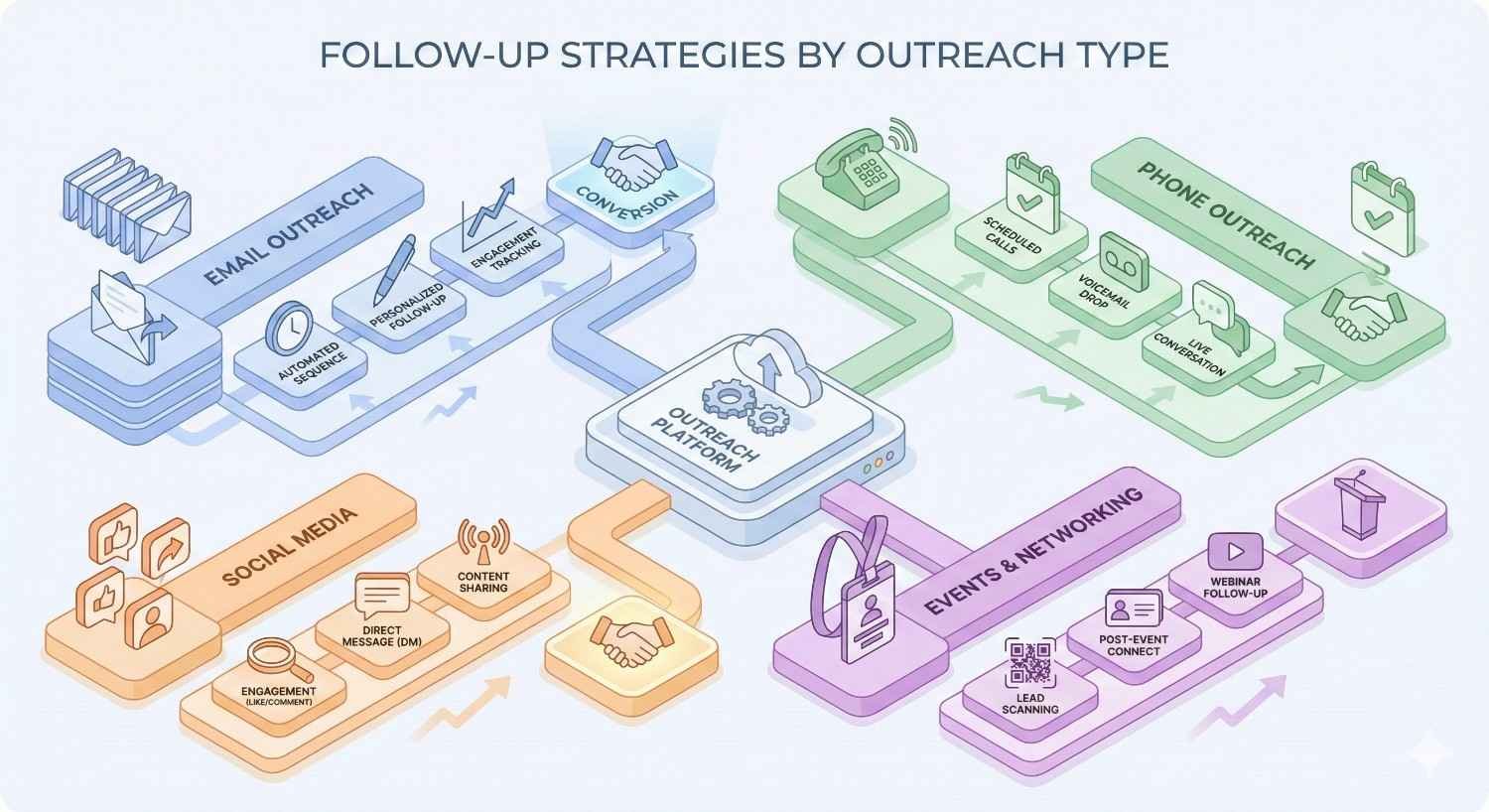 Infographic titled “Follow-Up Strategies by Outreach Type,” showing email, phone, social media, and events workflows linked to an outreach platform, with steps like automation, reminders, calls, DMs, webinars, scanning leads, and conversions illustrated by icons and arrows.