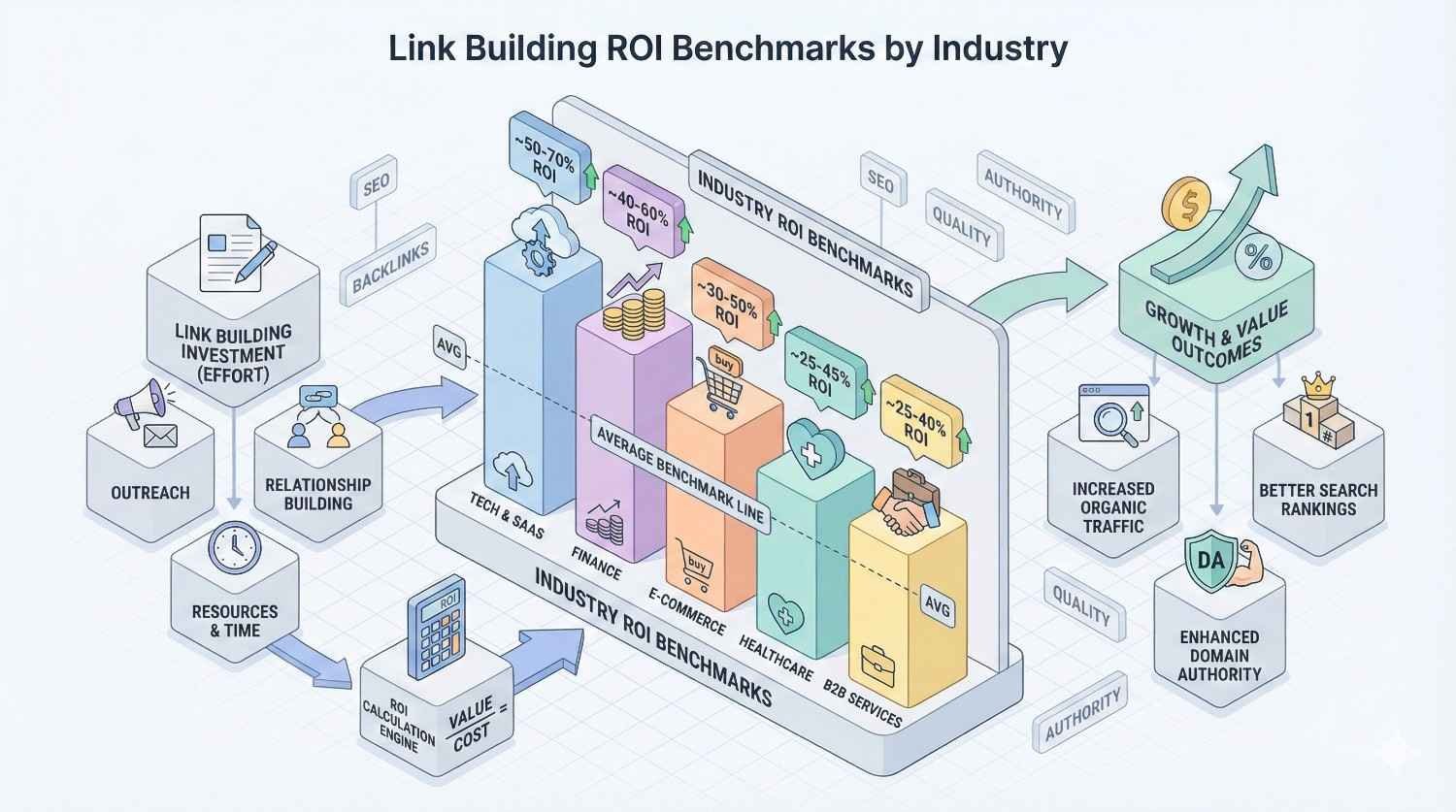 Infographic titled “Link Building ROI Benchmarks by Industry” showing investment in outreach and relationships leading to ROI benchmarks across sectors like SaaS, finance, e-commerce, healthcare, and B2B. Outcomes include increased organic traffic, better search rankings, enhanced domain authority, and overall growth and value.