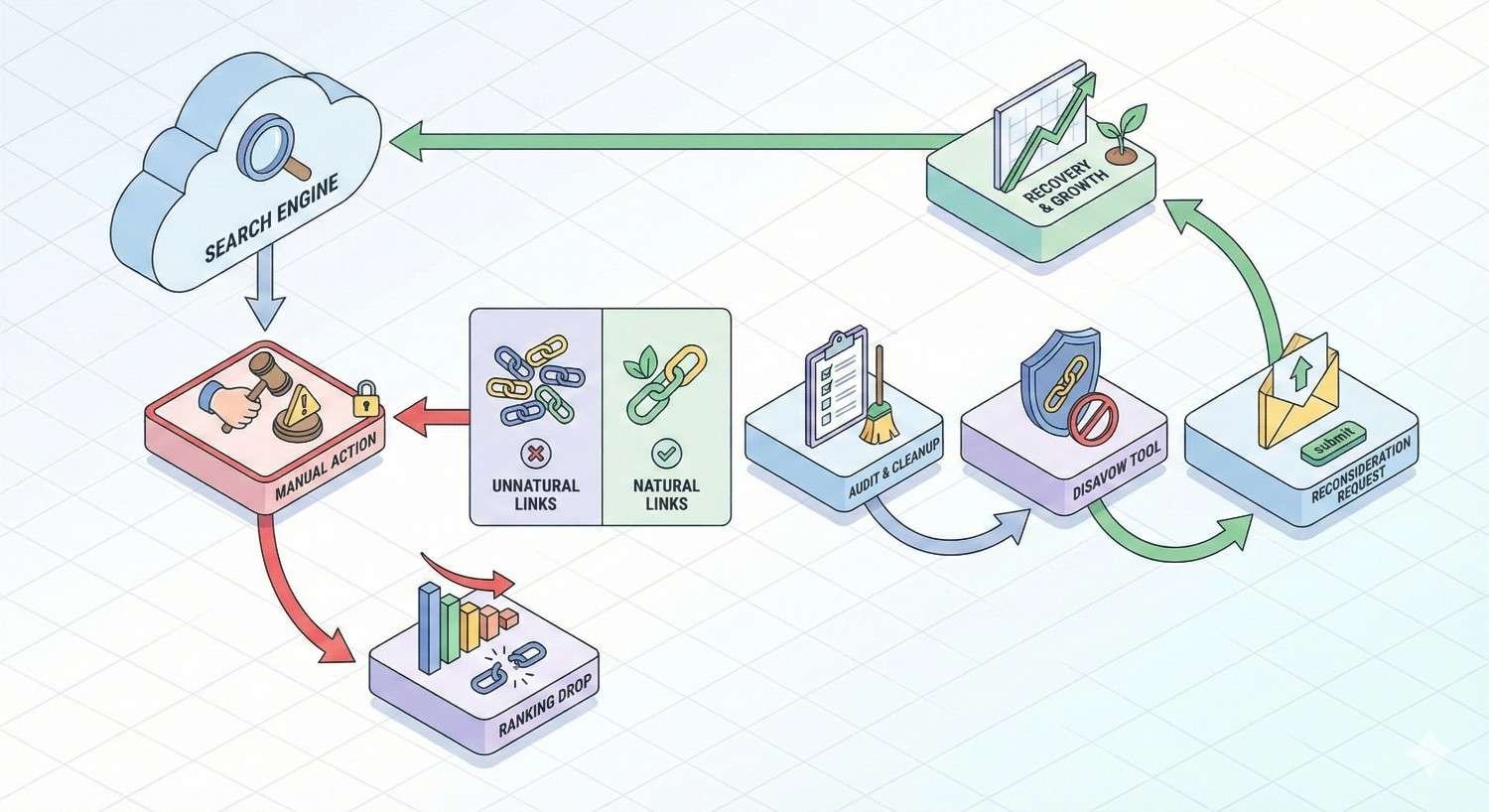 Flow diagram showing a search engine issuing a manual action for unnatural links, causing ranking drops, followed by auditing and cleanup, using a disavow tool, submitting a reconsideration request, and achieving recovery and growth through restored natural links.