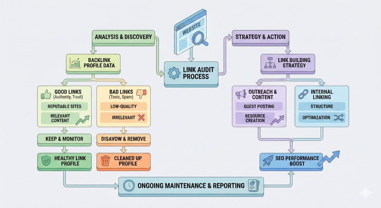 Flowchart illustrating a link audit process: analyzing backlink data, classifying good and bad links, keeping or disavowing them, cleaning profiles, then applying link building, outreach, and internal linking strategies to boost SEO performance with ongoing maintenance and reporting.