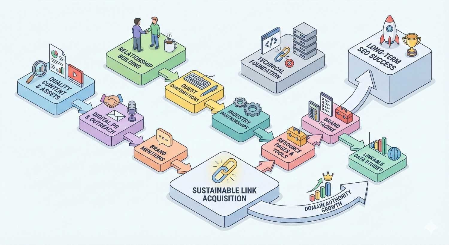 Infographic illustrating sustainable link acquisition through quality content, digital PR, relationship building, guest contributions, industry partnerships, and technical foundations. These efforts boost brand mentions, domain authority growth, and long-term SEO success supported by valuable data studies and resources.