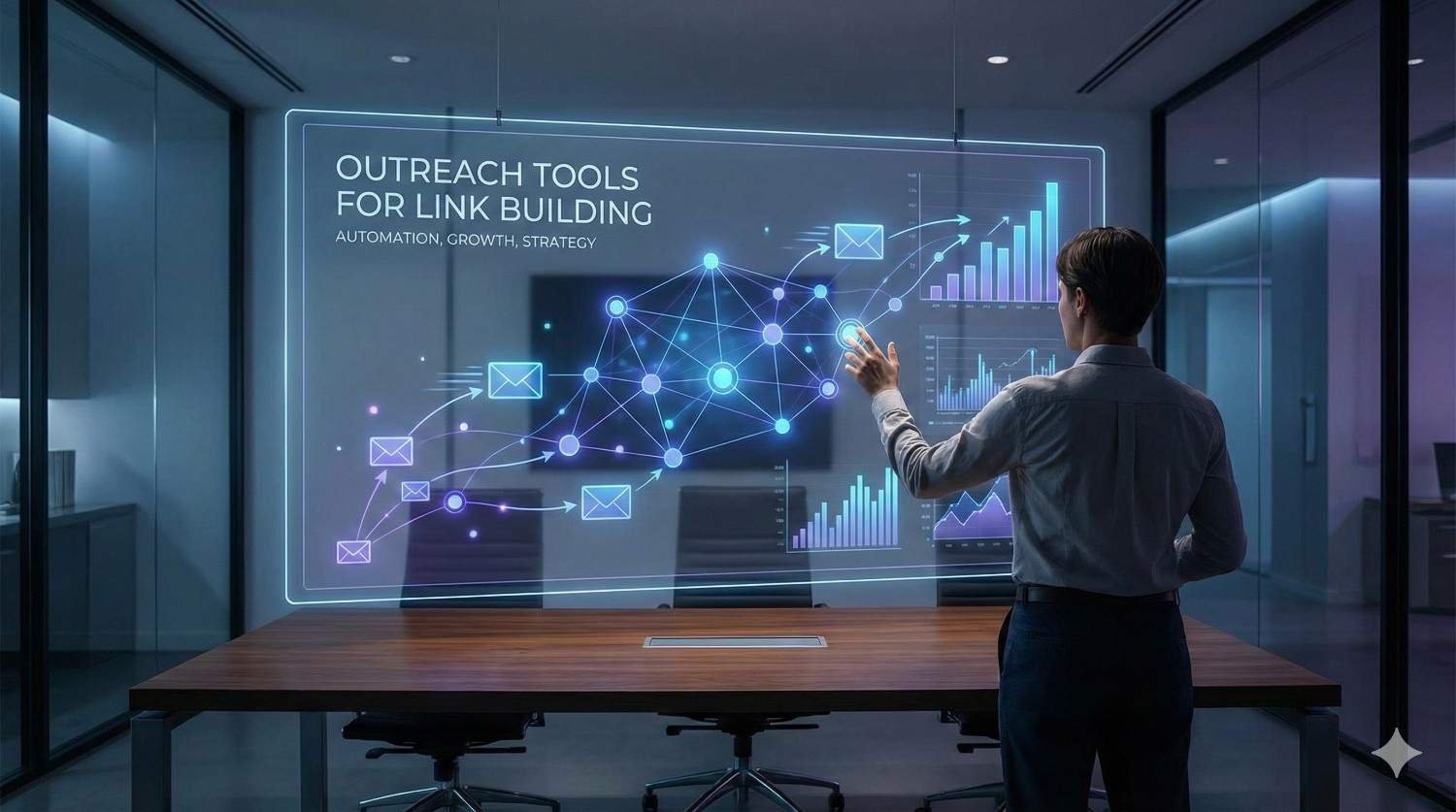 Person standing in a modern glass office interacting with a transparent digital screen labeled “Outreach Tools for Link Building,” showing a network map, email icons, and rising charts that visualize automation, growth, and SEO outreach strategy in a futuristic workspace.