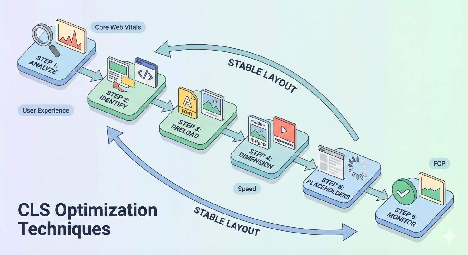 Infographic titled “CLS Optimization Techniques” outlining steps to achieve stable layout: analyze Core Web Vitals, identify shifting elements, preload fonts/images, set dimensions, use placeholders, and monitor performance. Emphasizes improved user experience, speed, and stable layout to reduce cumulative layout shift.