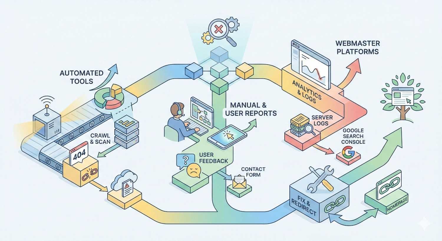 Workflow infographic for detecting and fixing 404 errors. Shows automated crawl and scan tools, user feedback, analytics, server logs, and Google Search Console identifying issues. Process flows to fixing and redirecting broken links, restoring homepage access, and improving website performance and SEO.