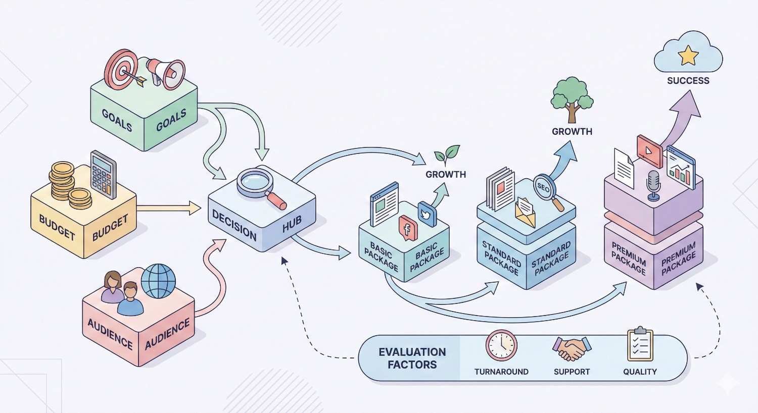 Infographic showing goals, budget, and audience feeding into a decision hub, leading to basic, standard, and premium content packages with rising growth toward success, plus evaluation factors like turnaround time, support, and quality shown along the bottom.