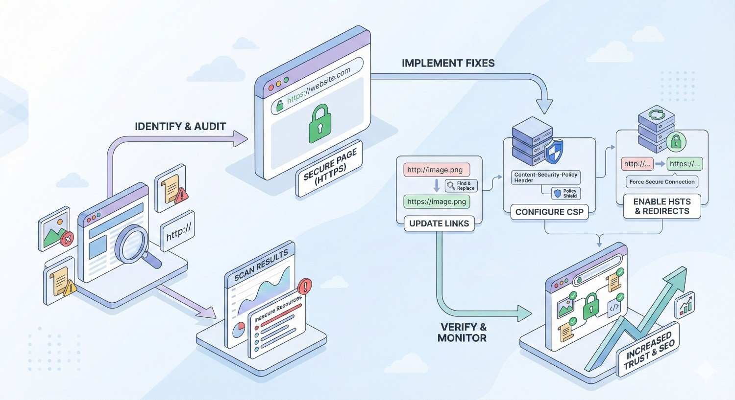 Infographic outlining steps to fix mixed content: identify and audit insecure HTTP resources, review scan results, update links to HTTPS, configure Content Security Policy, enable HSTS and redirects, then verify and monitor. Final outcome shows a secure page with increased trust and improved SEO.