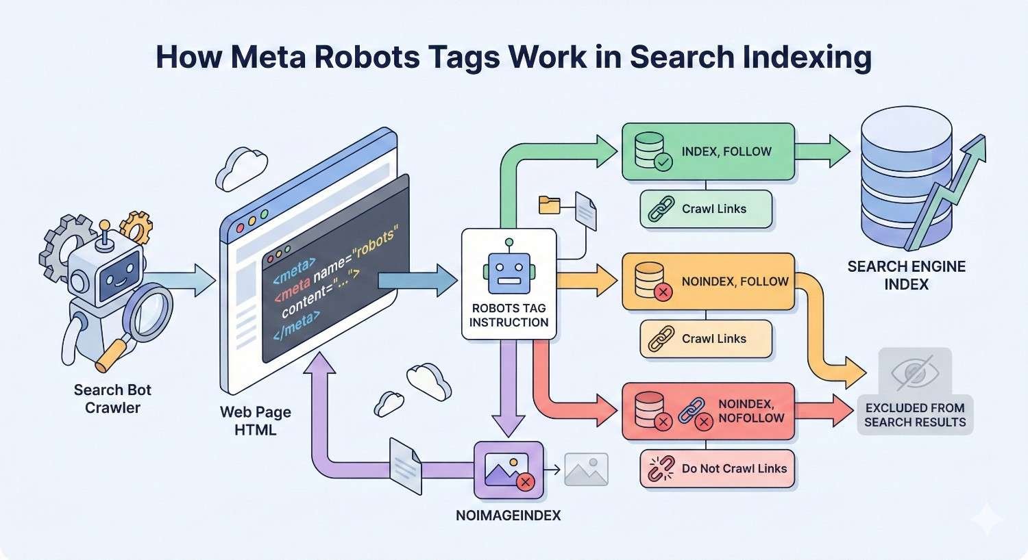 Infographic titled “How Meta Robots Tags Work in Search Indexing.” It shows a search bot reading webpage HTML and robots meta tags, directing actions like index, follow; noindex, follow; or noindex, nofollow, determining link crawling and inclusion or exclusion from search engine results.