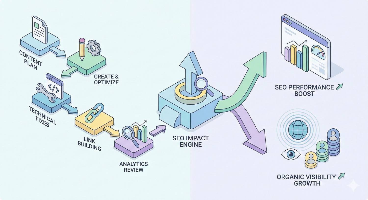 An illustrated SEO workflow shows steps like content planning, create and optimize, technical fixes, link building, and analytics review feeding into an “SEO Impact Engine,” which leads to SEO performance boost and organic visibility growth with charts, arrows, and web icons.