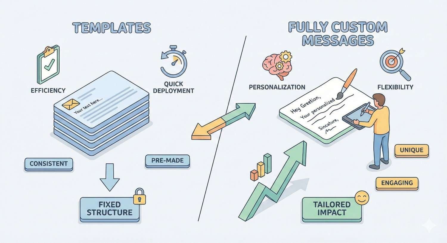 Split infographic comparing templates and fully custom messages, showing templates as efficient, quick, consistent, and fixed, while custom messages emphasize personalization, flexibility, unique and engaging content, and tailored impact with charts, arrows, and writing icons.