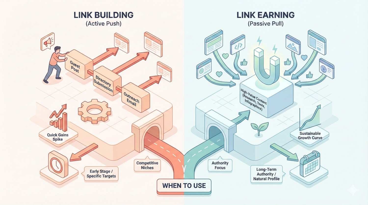 Split infographic comparing Link Building (active push) and Link Earning (passive pull). Left shows guest posts, directory submissions, and outreach emails for quick gains in competitive niches. Right highlights valuable content attracting organic links, authority focus, and sustainable long-term growth.