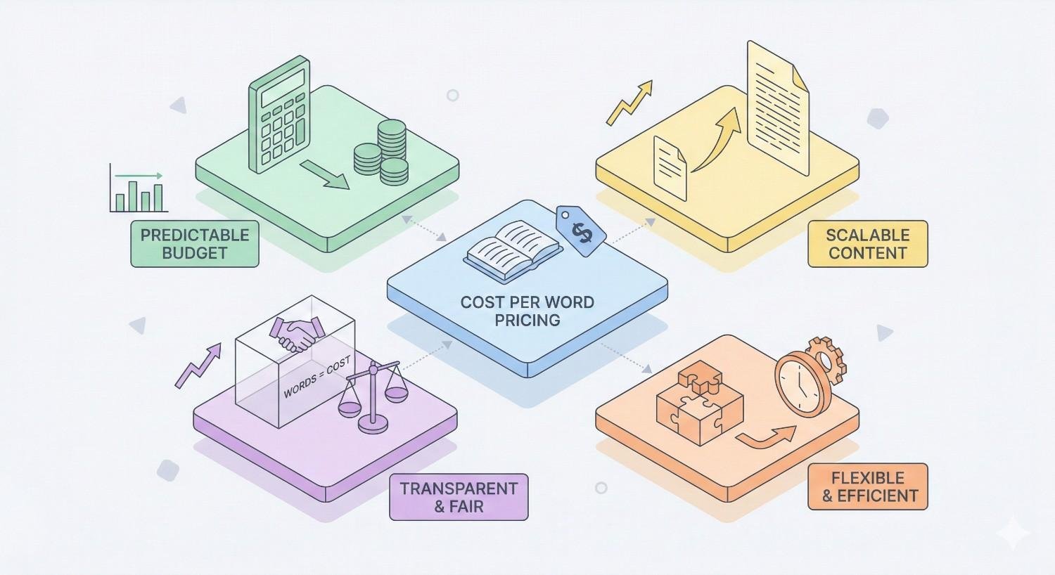 Infographic centered on “Cost Per Word Pricing” surrounded by icons for predictable budgets, scalable content, transparent and fair costs, and flexible, efficient workflows, illustrated with calculators, documents, scales, clocks, arrows, and stacked papers.
